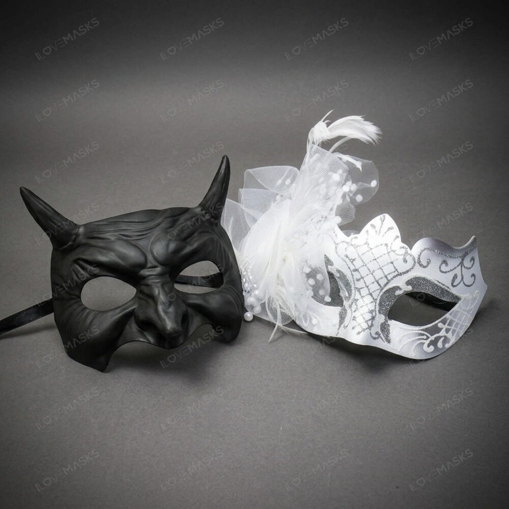 Black Horned Demon Mask & Silver White Tulle Glitter Masquerade Couple Mask Set